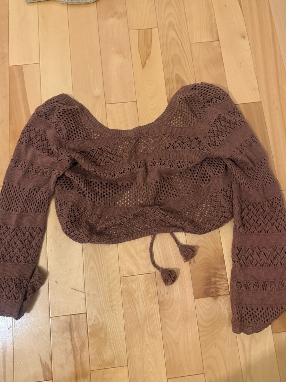 aerie Taupe Crochet Long-Sleeve Drawstring Crop Top